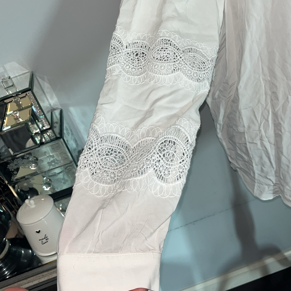 Loft Blouse Women Size XL White Lace Embroidery Vtg Look Classic Academia Cutout - Picture 5 of 10